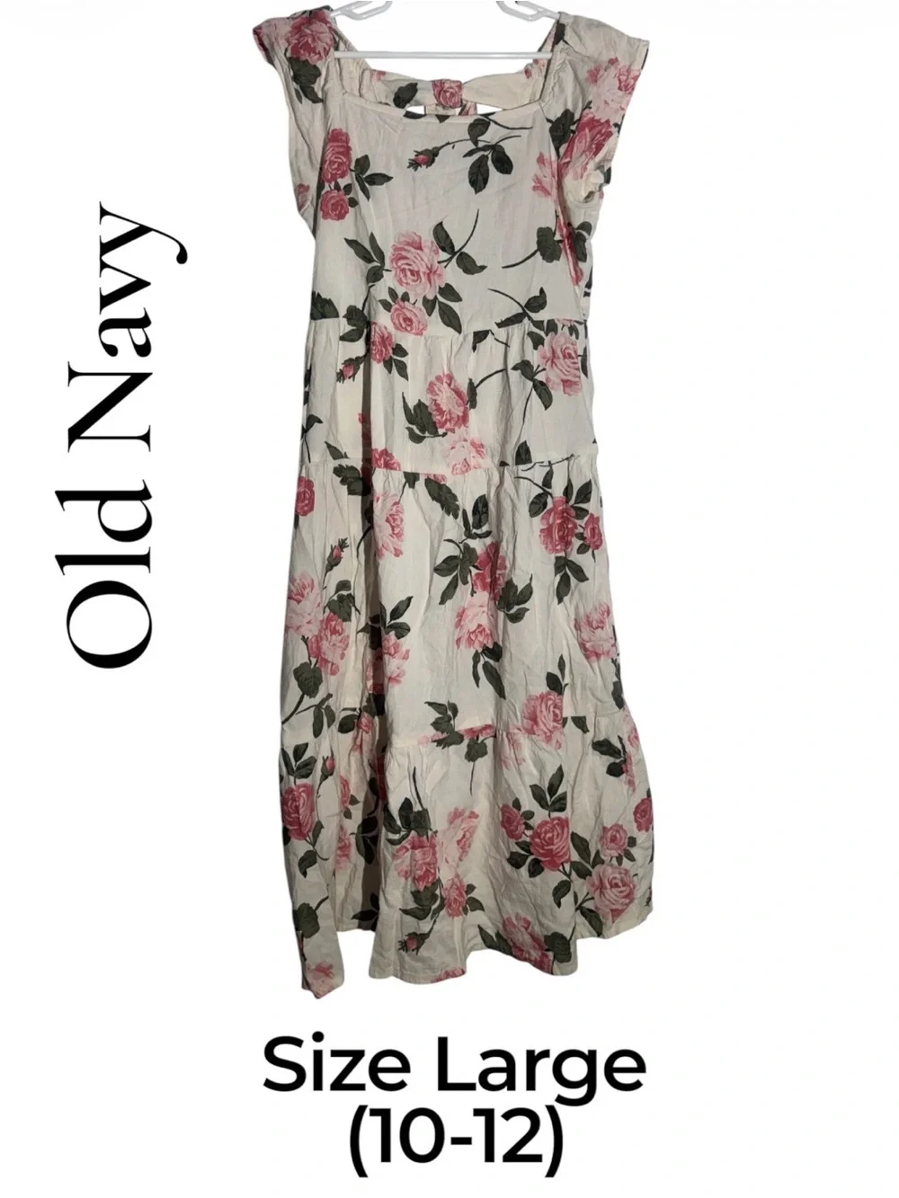 Old Navy Girls Cream Midi Dress with Pink Rose Print. Size Large (10-12)